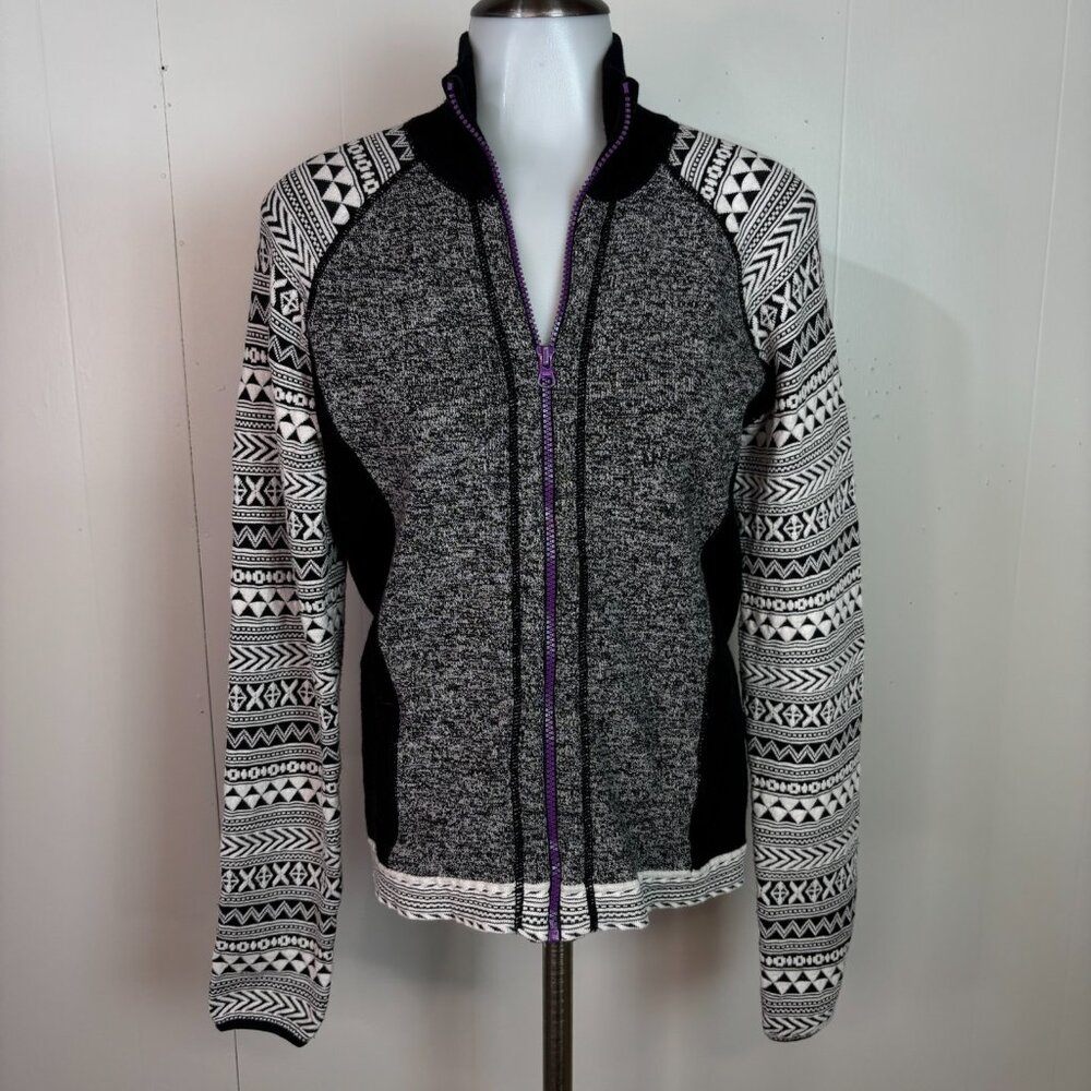 Title Nine Cardigan Small Black White Full-Zip Sweater Pockets Cotton Blend